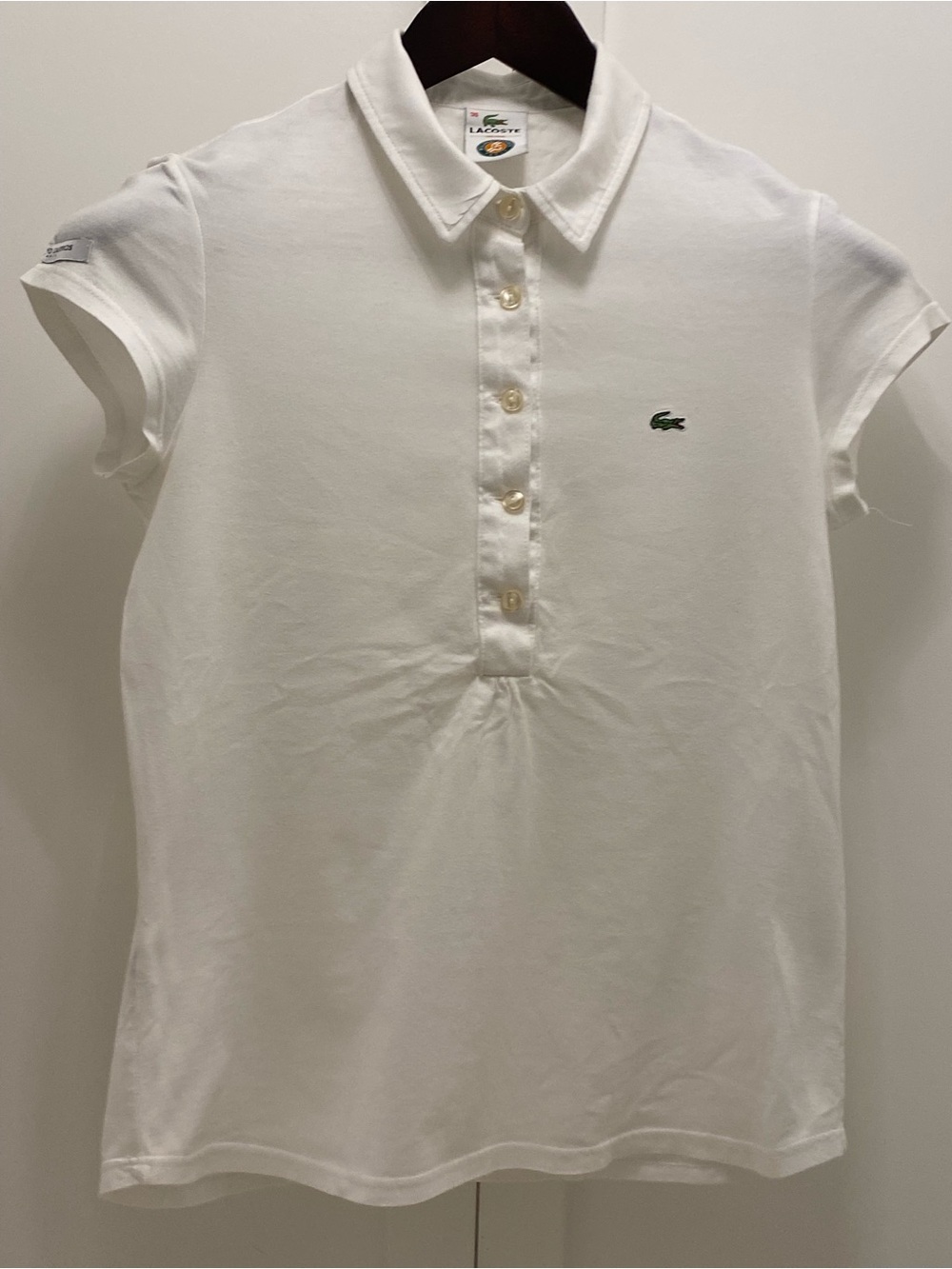 Lacoste Women's White Short-Sleeve Button-Down Polo with Green Logo - Picture 2 of 9